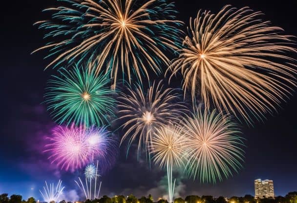 Colorful fireworks burst over the Grayslake skyline, illuminating the night with vibrant flashes and trails of light. Spectators gather in the park, gazing up in awe at the dazzling display